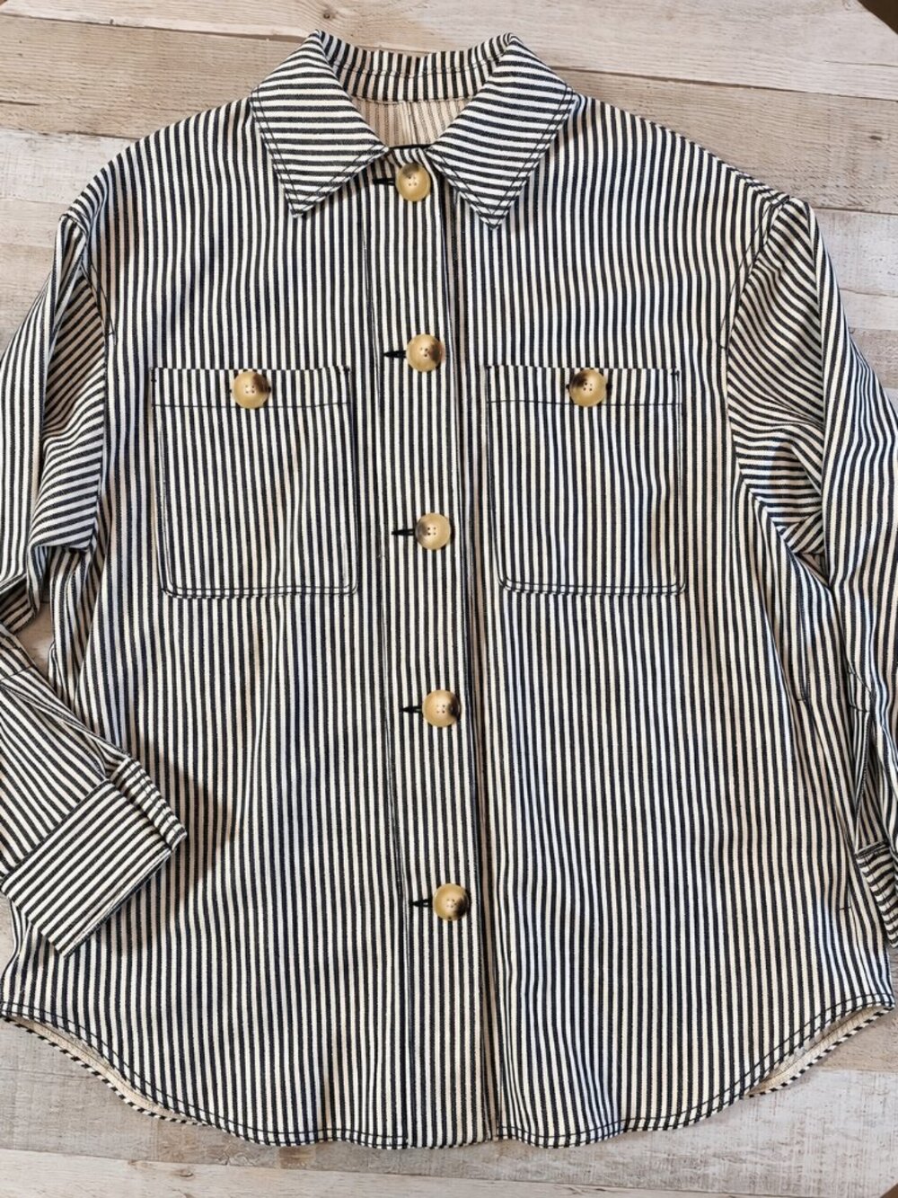 NWOT Zara Black White Stripe Overshirt Shacket Button Front Size M Oversized